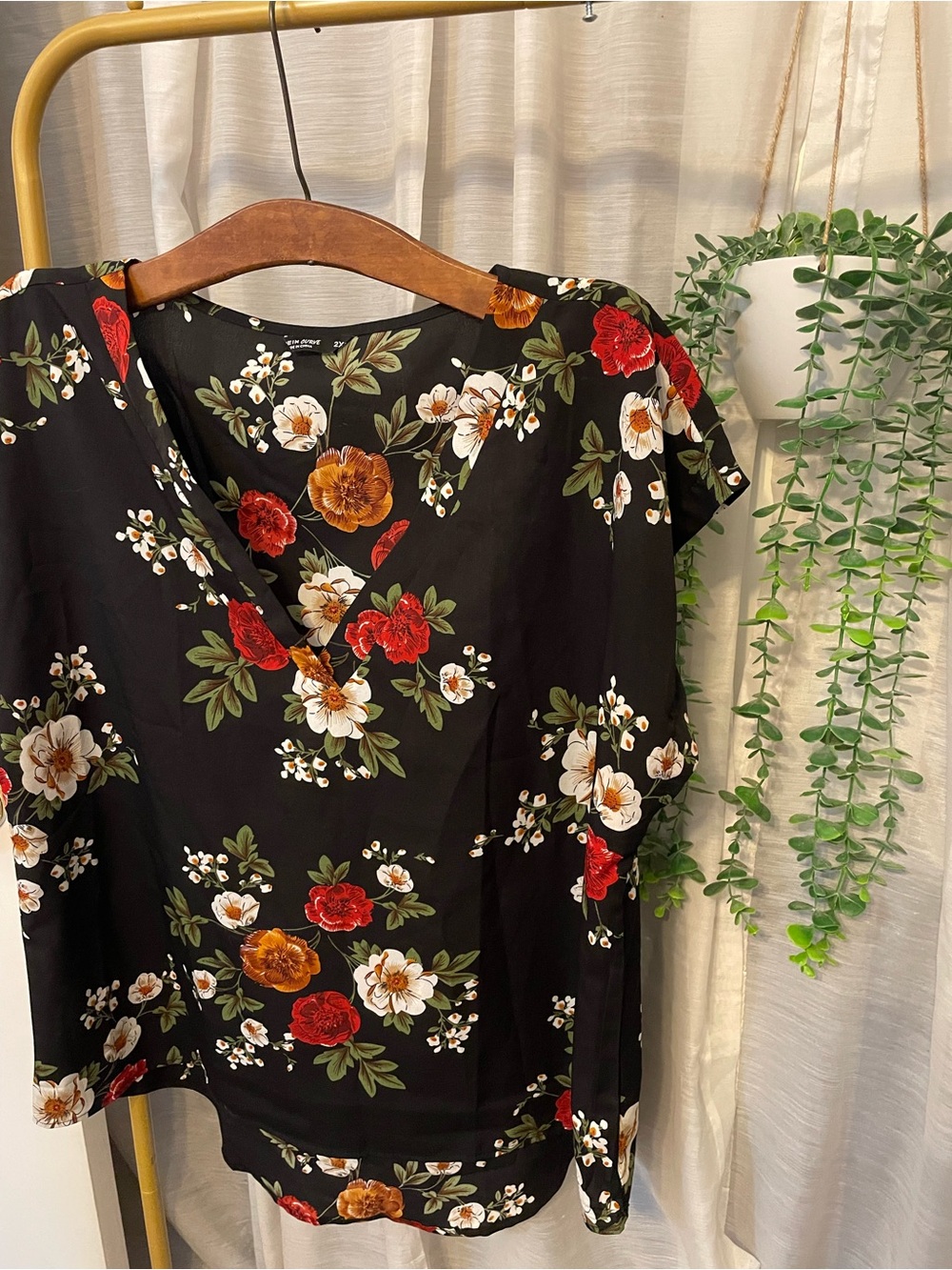 SHEIN Black Floral V-Neck Blouse with Red and Orange Blooms